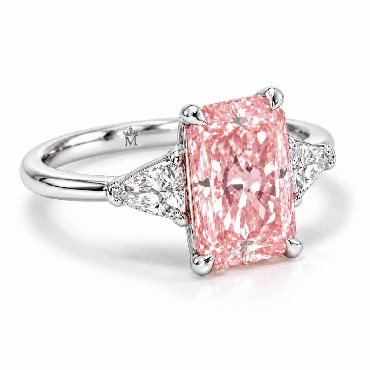 AI three-quarter visualization of Roseline's rectangular pink lab-grown center and triangular white side stones, with a discreet crowned-M engraving inside the white-gold shank.