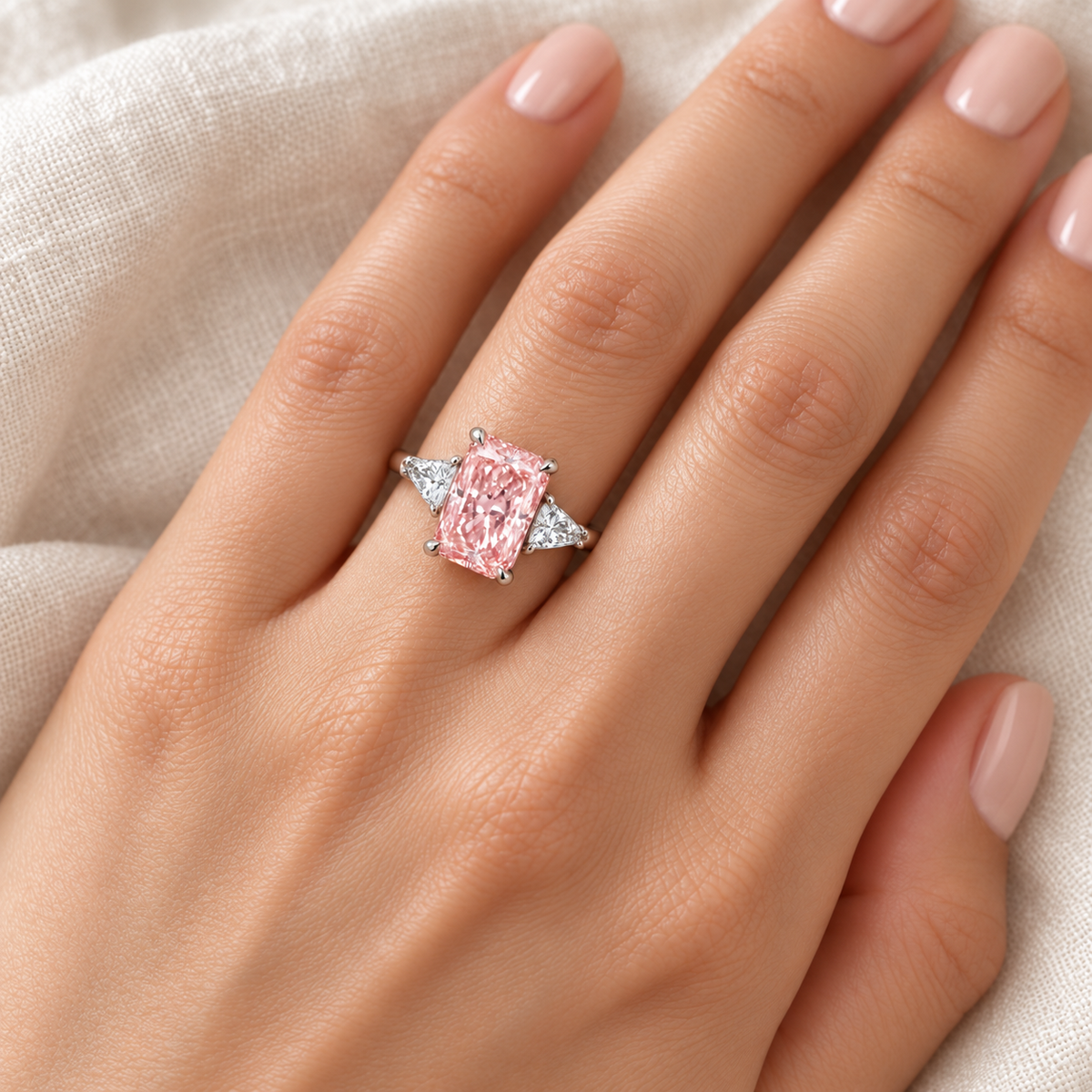 AI visualization of Roseline's rectangular brilliant pink lab-grown diamond ring with triangular white side stones, worn on the model's left ring finger; white-gold appearance and illustrative scale.