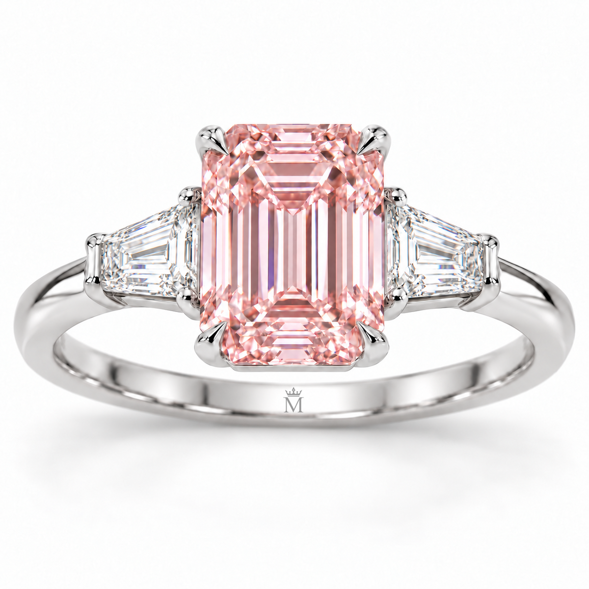 Front AI design visualization of the Rosevault pink emerald-cut three-stone ring with discreet crowned-M inner-shank engraving.