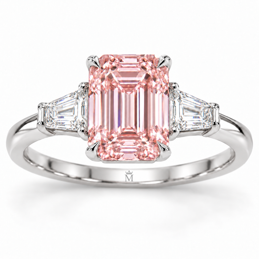 Front AI design visualization of the Rosevault pink emerald-cut three-stone ring with discreet crowned-M inner-shank engraving.