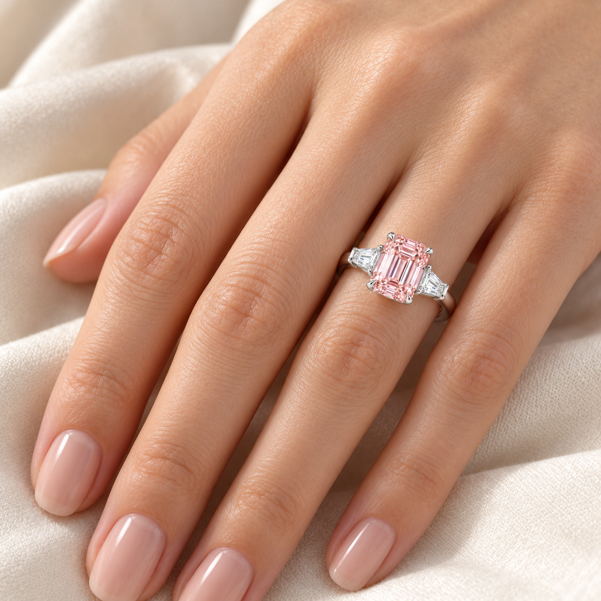 AI model-wearing visualization of the Rosevault pink emerald-cut three-stone ring on an adult model's ring finger; scale is illustrative.