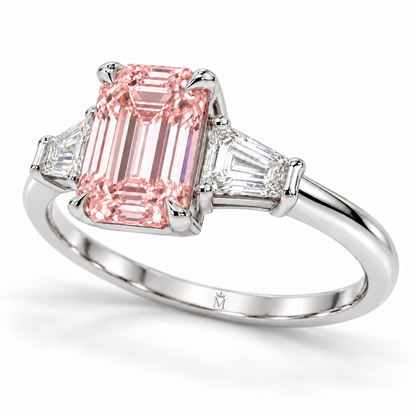 Opposite three-quarter AI design visualization of the Rosevault pink emerald-cut three-stone ring with discreet crowned-M inner-shank engraving.