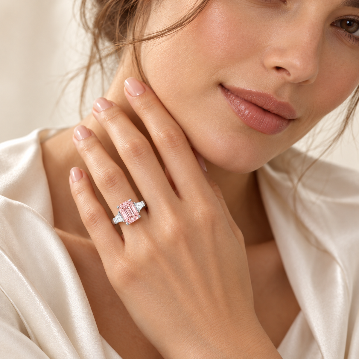 AI model-wearing design visualization of the Rosevault pale pink emerald-cut three-stone ring in white metal, worn on an adult model's left ring finger; scale is illustrative.