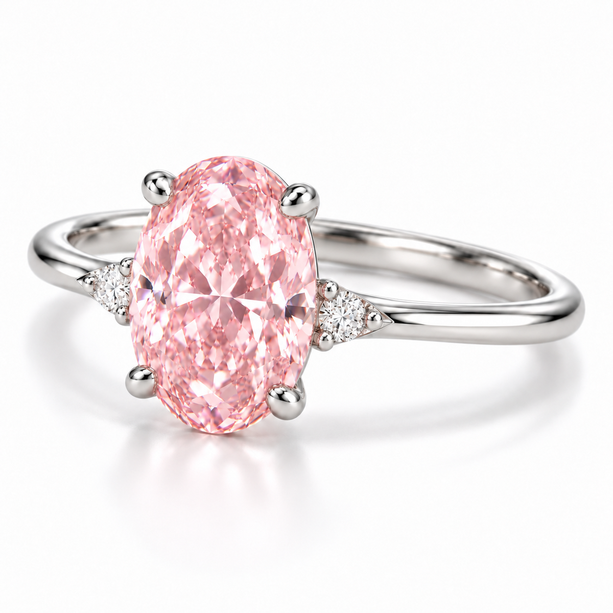 AI design visualization of the Rosewhisper oval pink lab-grown diamond ring, refined three-quarter view with four claws, small round white shoulder accents and a slim white-gold shank.