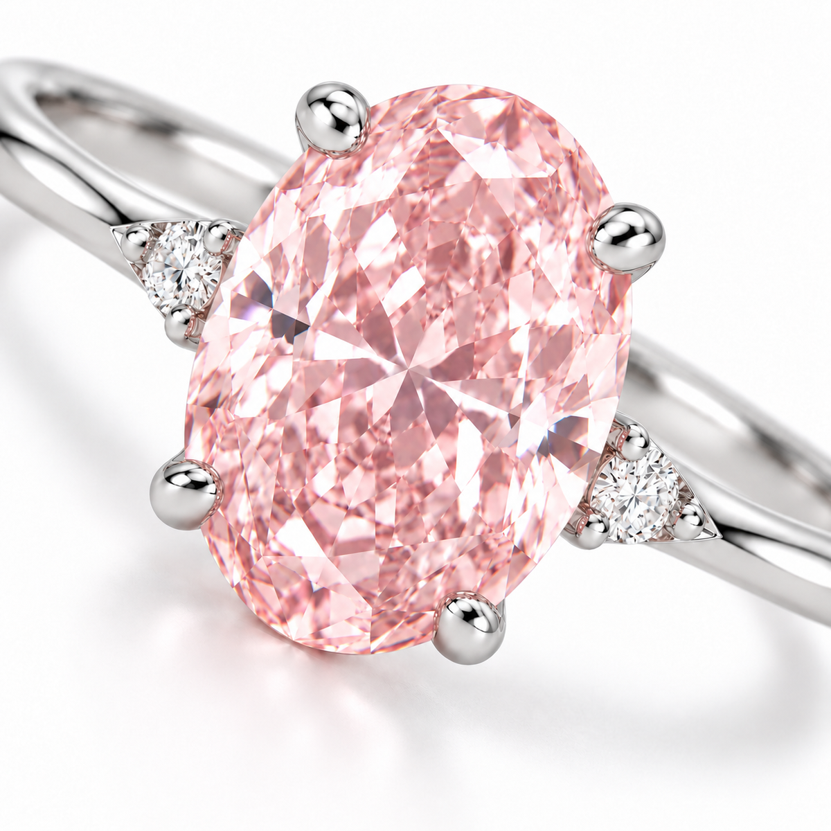 AI design visualization of the Rosewhisper pink oval center, four rounded claws and small round white shoulder accents in a refined diagonal close-up.