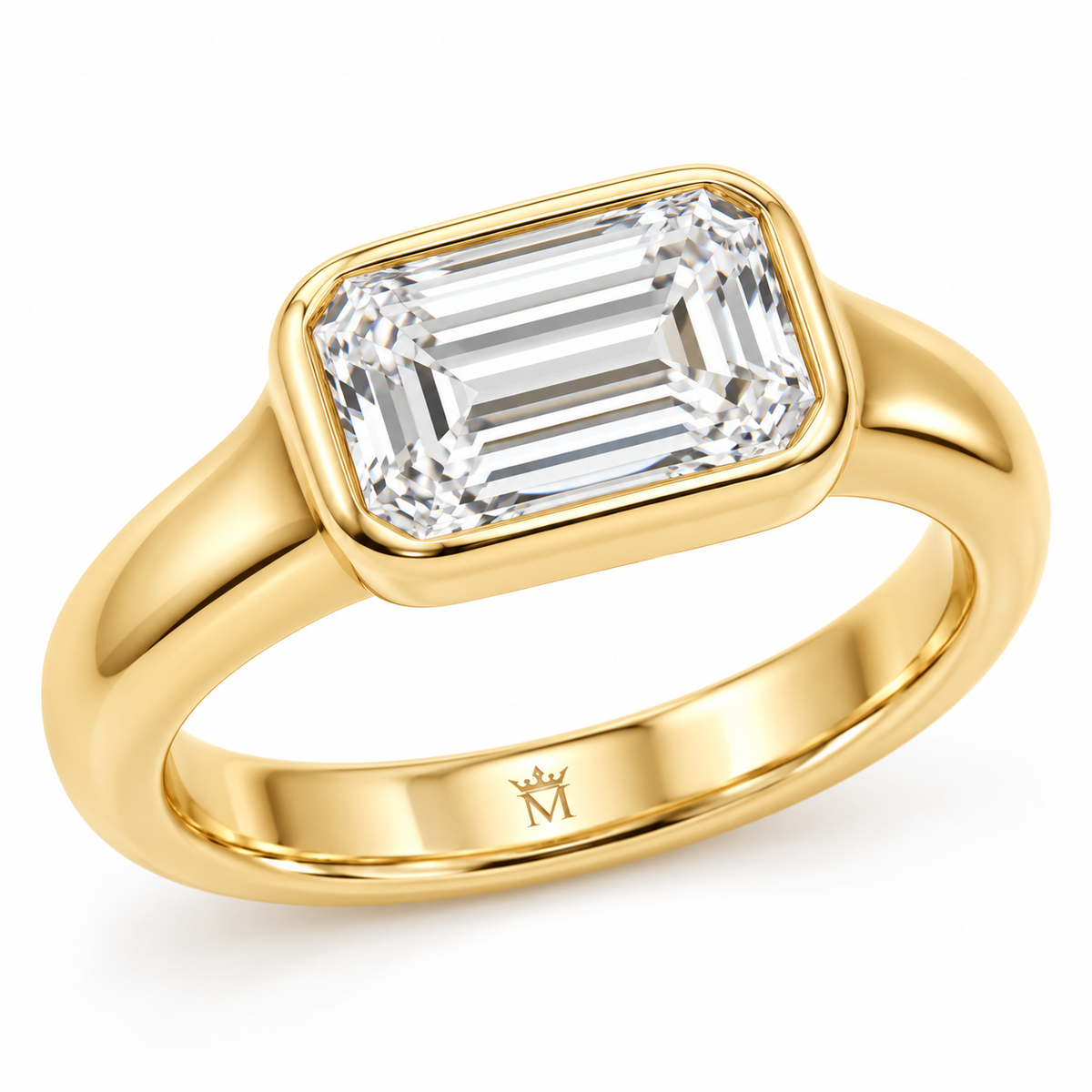 Serein east-west emerald-cut bezel engagement ring in 14K yellow gold, on a clean white background, front hero view.