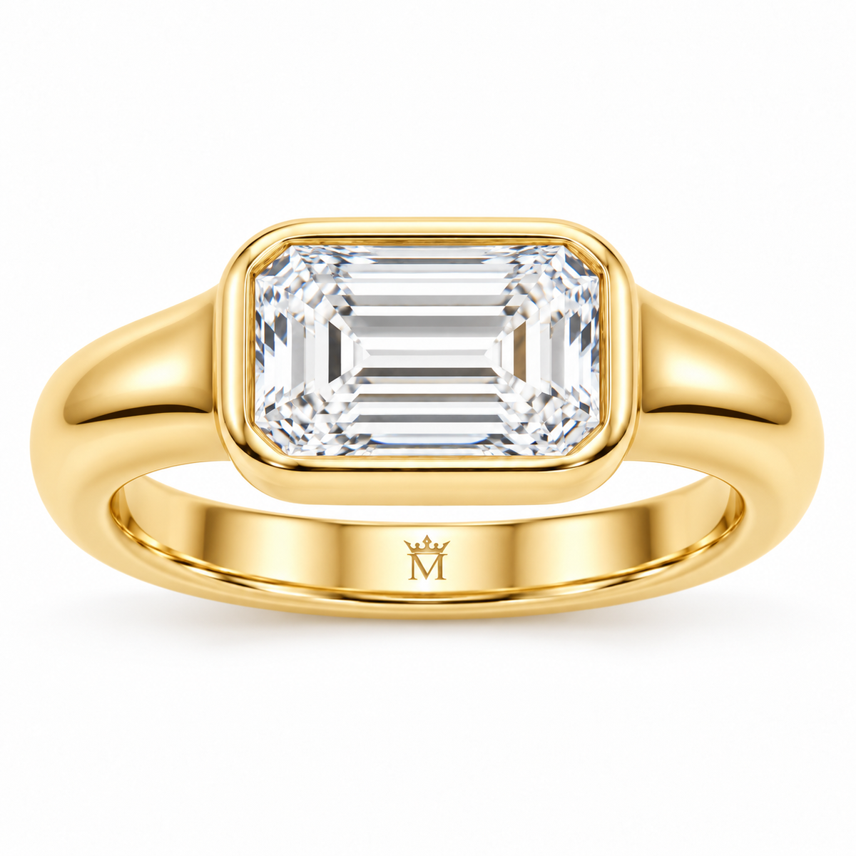Serein east-west emerald-cut bezel engagement ring in 14K yellow gold, front product view on white.
