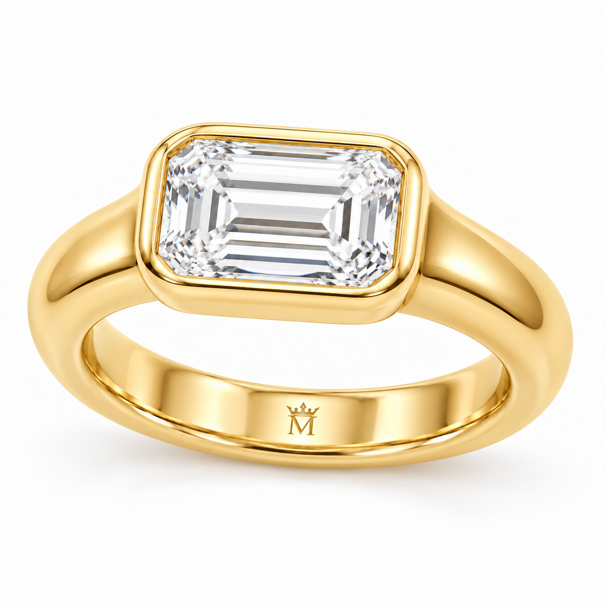 Serein east-west emerald-cut bezel engagement ring in 14K yellow gold, right three-quarter product view on white.