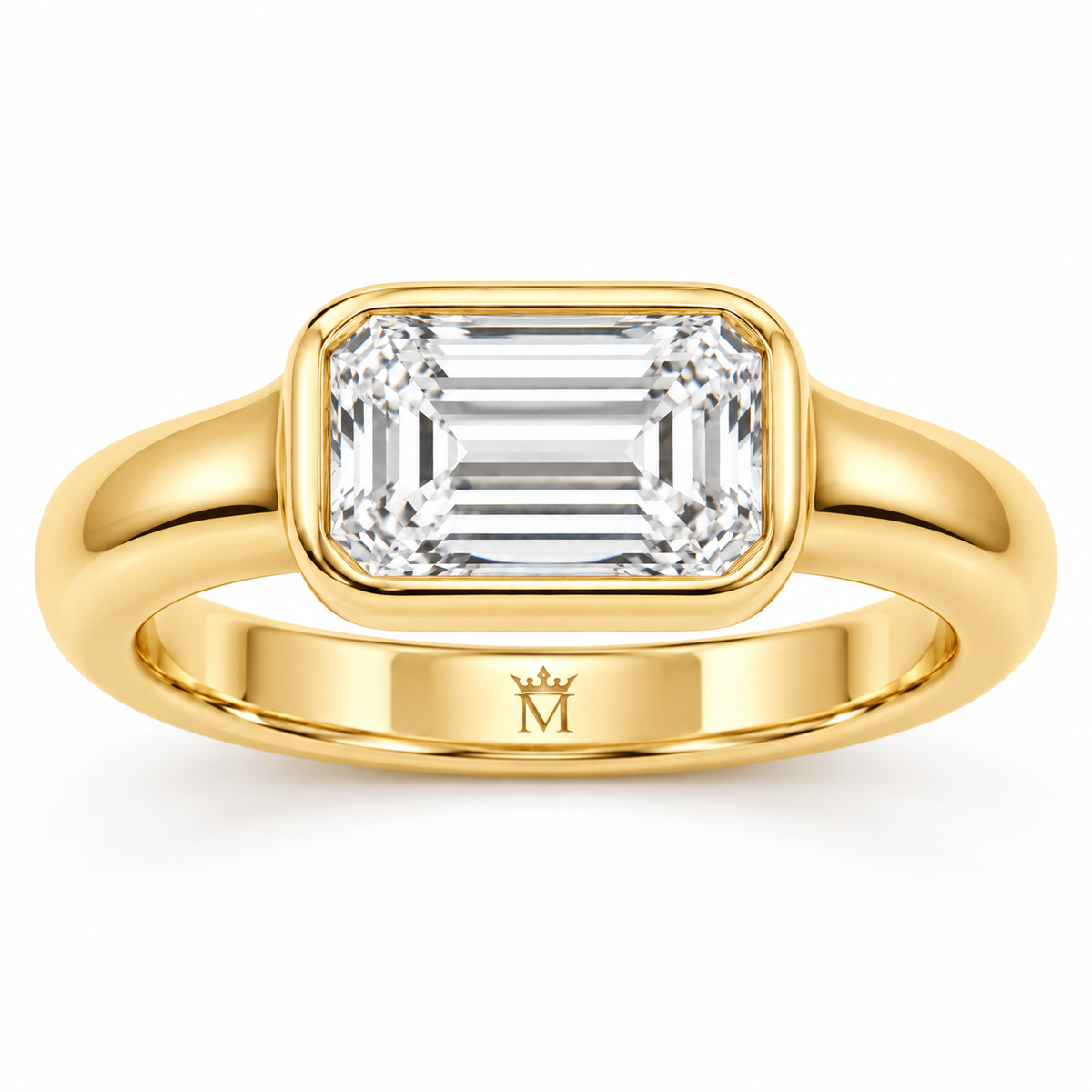 Serein east-west emerald-cut bezel engagement ring in 14K yellow gold, side profile on white.