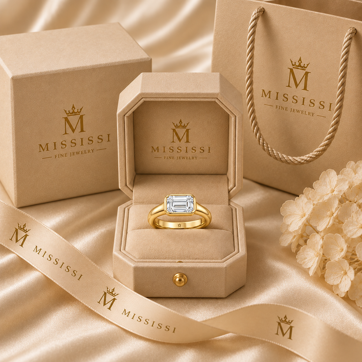 Serein east-west emerald-cut bezel engagement ring in 14K yellow gold, presented in coordinated champagne-beige MISSISSI packaging.