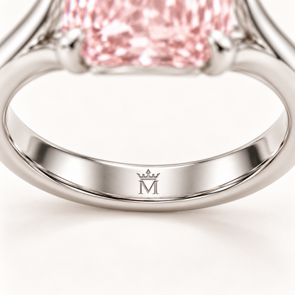 AI design preview close-up of Silk Frame single crowned-M physical engraving at inside center of lower shank