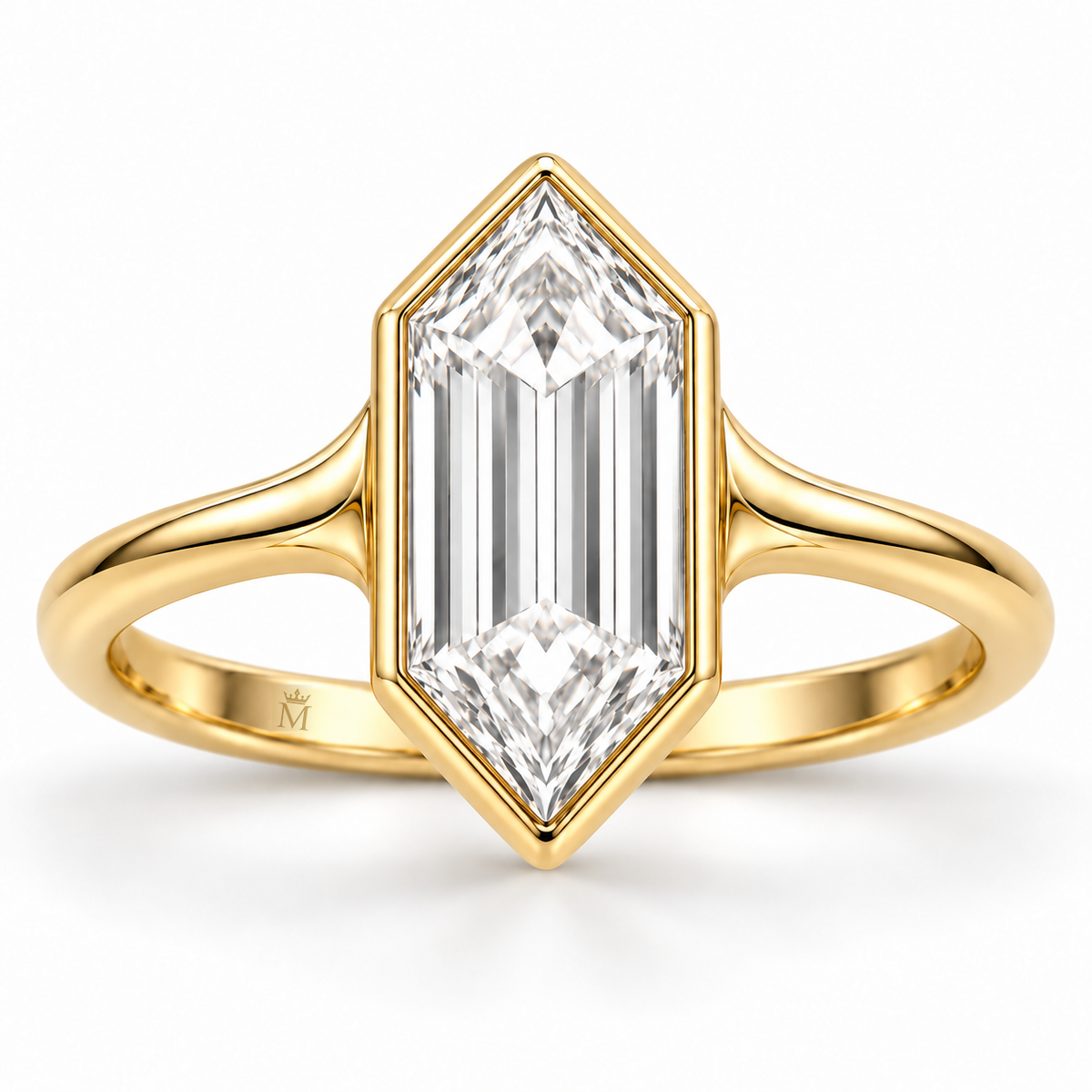 Soft Hex Elongated Hexagon Lab-Grown Diamond Ring front view with discreet inner crown-M engraving, AI-generated design visualization