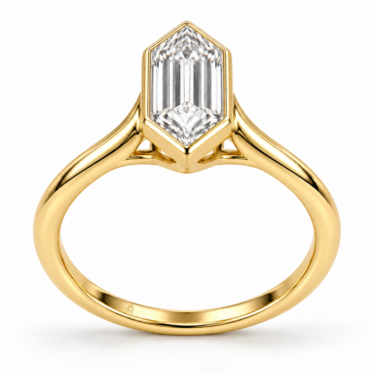 Soft Hex Elongated Hexagon Lab-Grown Diamond Ring rear construction view with discreet inner crown-M engraving, AI-generated design visualization