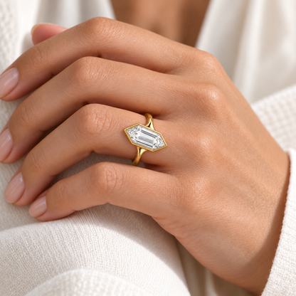 Soft Hex Elongated Hexagon Lab-Grown Diamond Ring aligned on the finger, AI-generated wearing visualization with illustrative scale