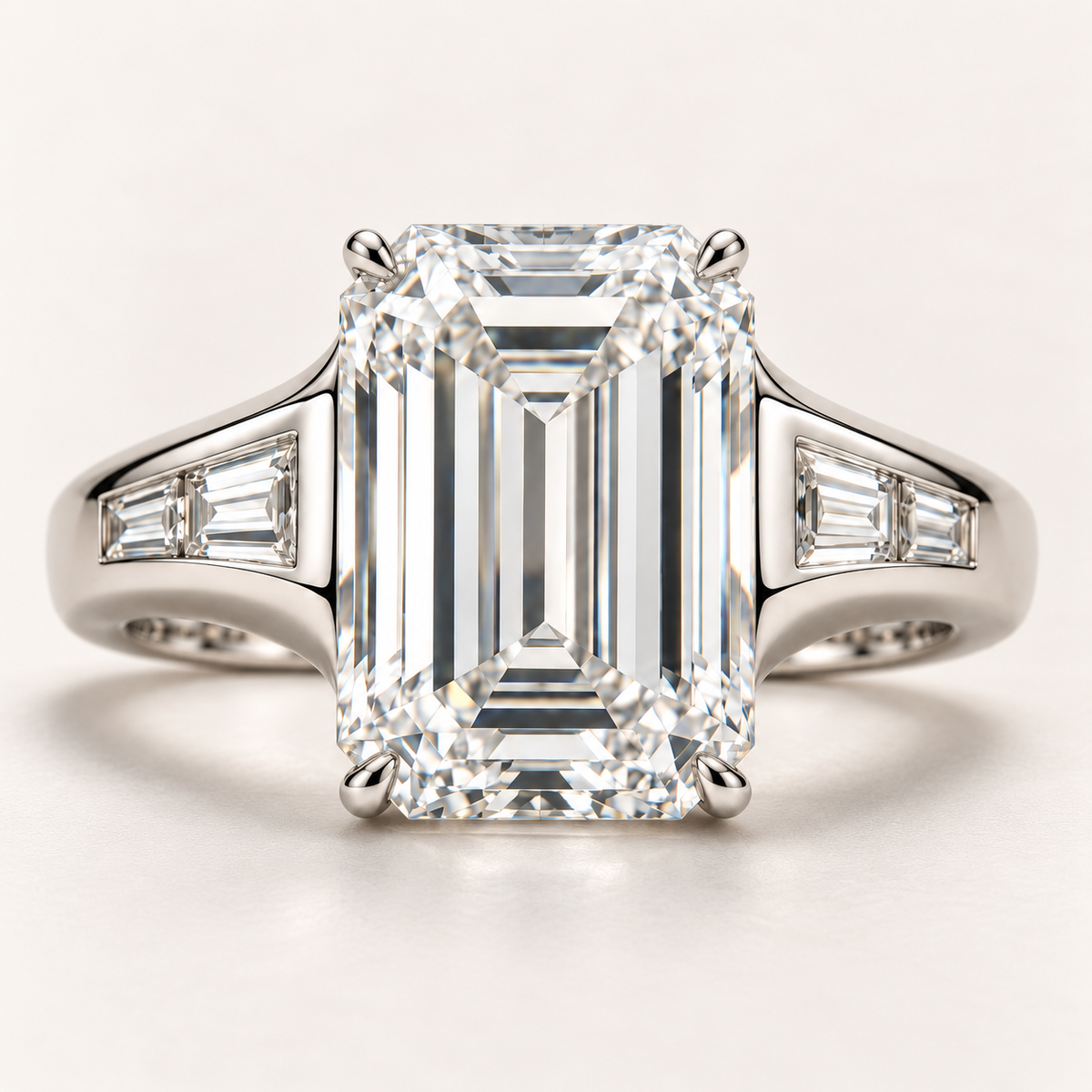 AI design preview of MISSISSI Soft Terrace white-metal emerald-cut ring with four graduated step-cut side diamonds