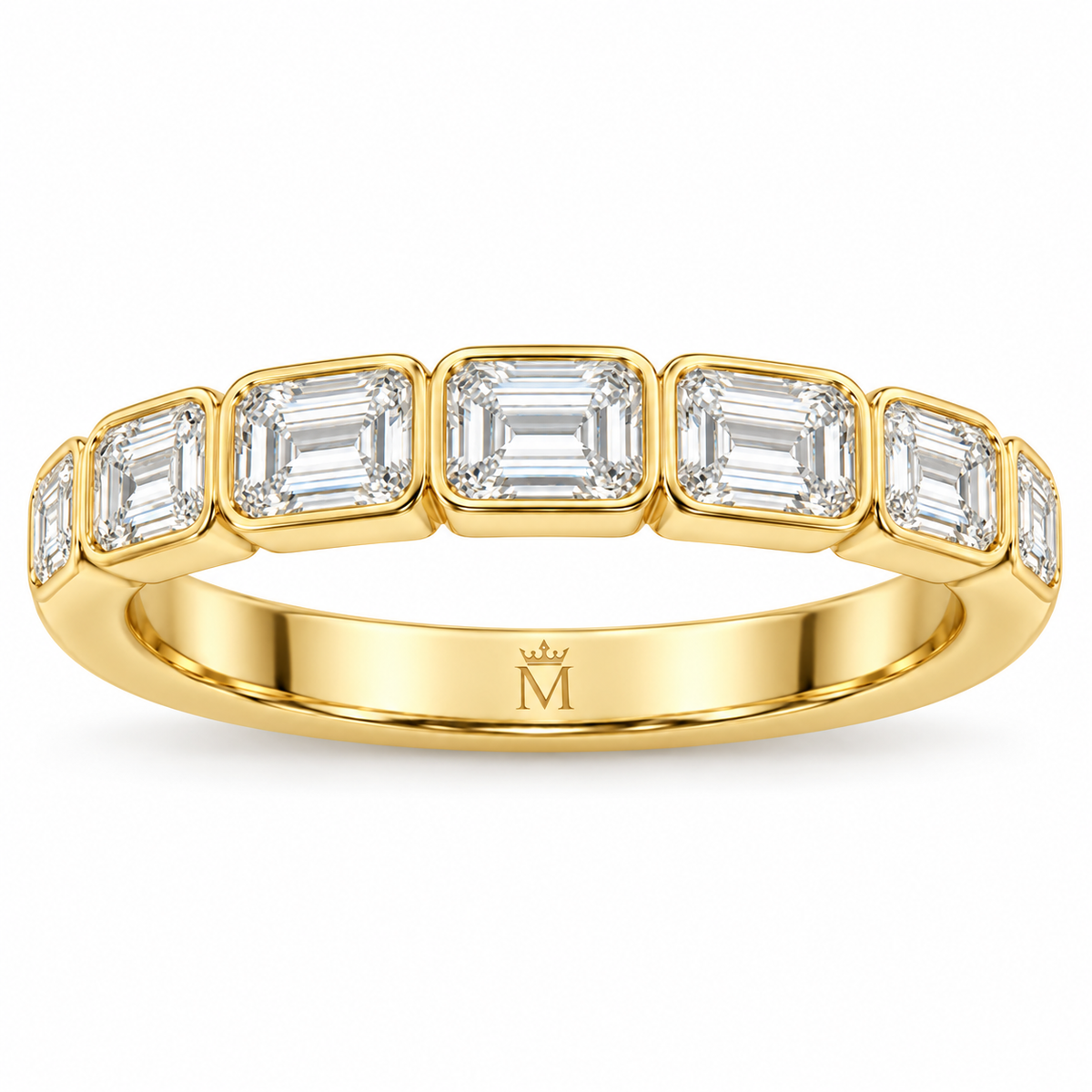 Solace east-west emerald-cut half-eternity wedding band in 14K yellow gold, front product view on white.