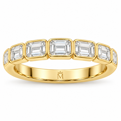 Solace east-west emerald-cut half-eternity wedding band in 14K yellow gold, front product view on white.
