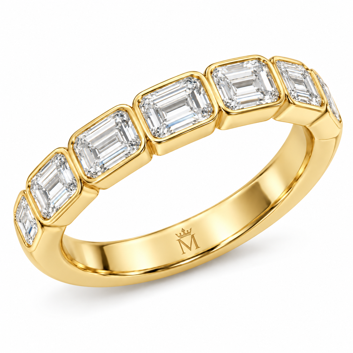 Solace east-west emerald-cut half-eternity wedding band in 14K yellow gold, right three-quarter product view on white.