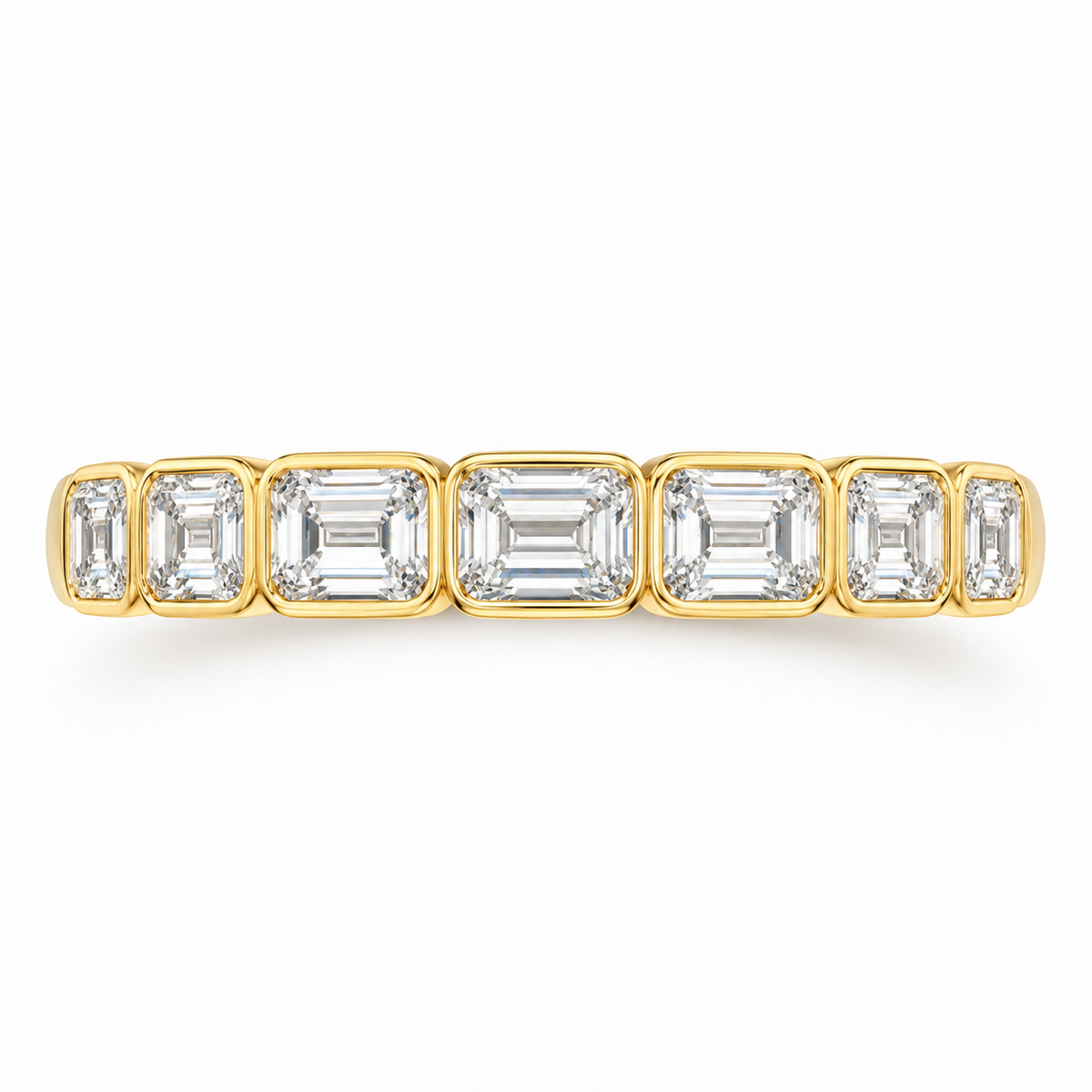Solace east-west emerald-cut half-eternity wedding band in 14K yellow gold, top-down product view on white.
