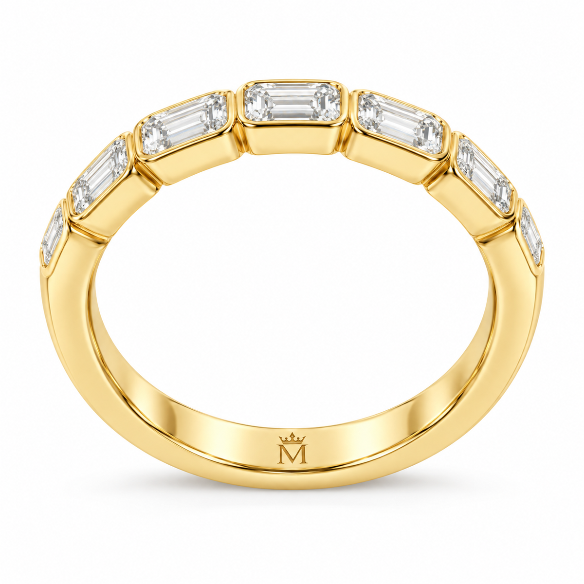 Solace east-west emerald-cut half-eternity wedding band in 14K yellow gold, side profile on white.