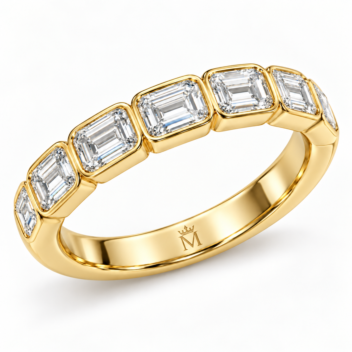 Solace east-west emerald-cut half-eternity wedding band in 14K yellow gold, close-up of the diamond setting.
