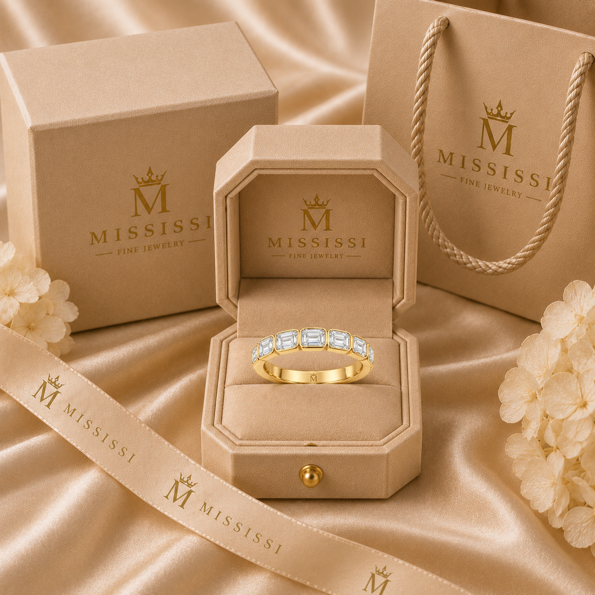 Solace east-west emerald-cut half-eternity wedding band in 14K yellow gold, presented in coordinated champagne-beige MISSISSI packaging.