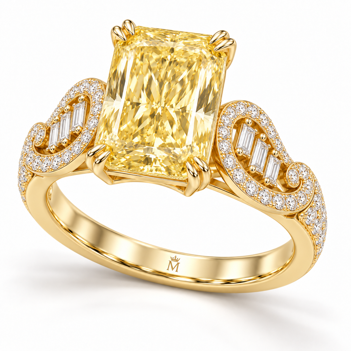 Solstice Scroll yellow radiant-cut lab-grown diamond ring, three quarter