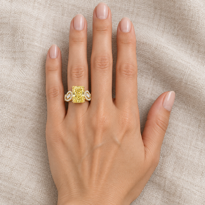 Solstice Scroll yellow radiant-cut lab-grown diamond ring, left hand