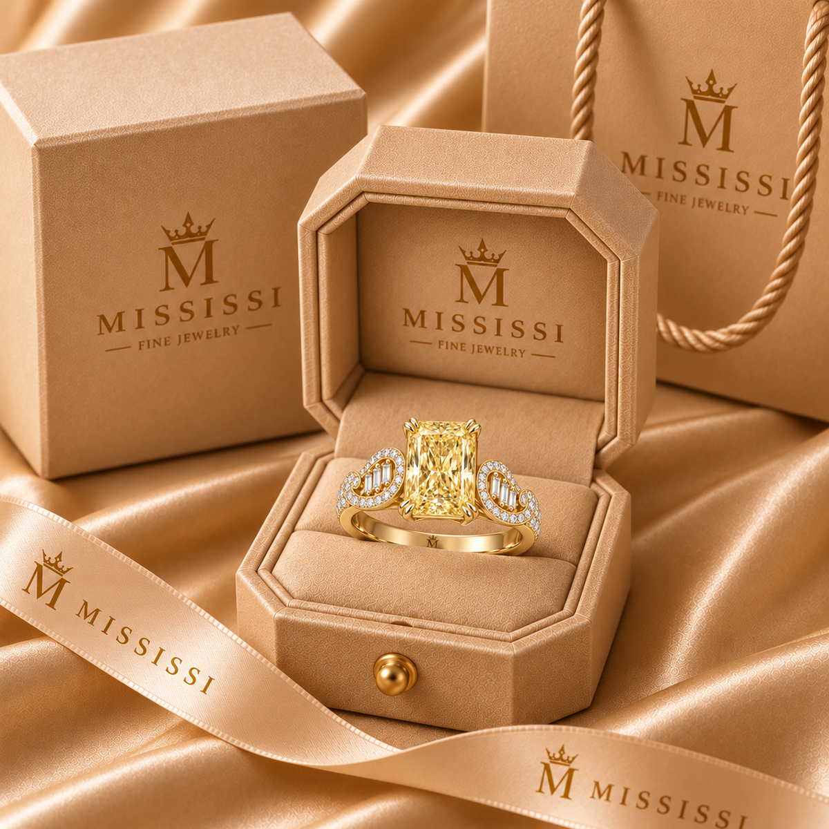 Solstice Scroll yellow radiant-cut lab-grown diamond ring, packaging