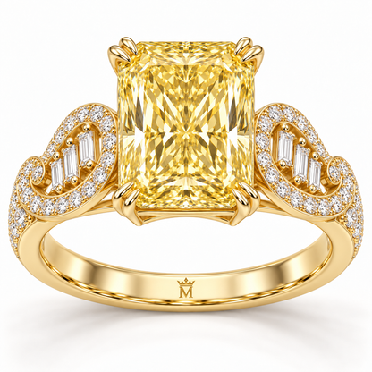 Solstice Scroll yellow radiant-cut lab-grown diamond ring with open diamond scroll shoulders in yellow gold