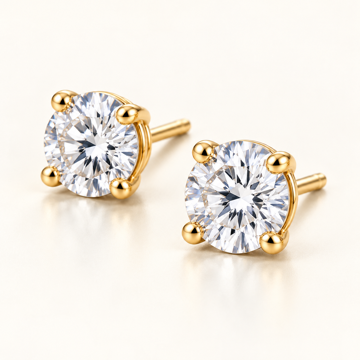 Round Solitaire Lab-Grown Diamond Stud Earrings 2.00 CTW in yellow gold, three quarter; design visualization
