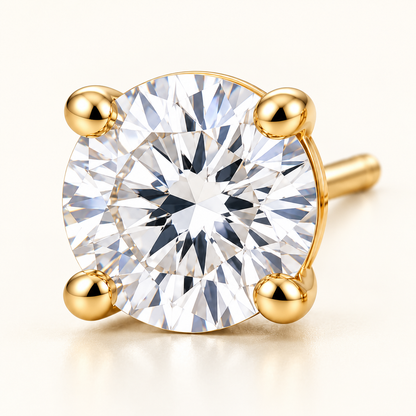 Round Solitaire Lab-Grown Diamond Stud Earrings 2.00 CTW in yellow gold, macro detail; design visualization