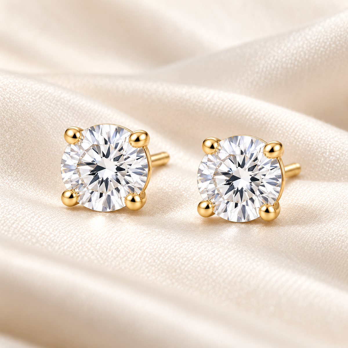 Round Solitaire Lab-Grown Diamond Stud Earrings 2.00 CTW in yellow gold, ivory styling; design visualization