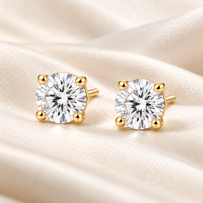 Round Solitaire Lab-Grown Diamond Stud Earrings 2.00 CTW in yellow gold, ivory styling; design visualization