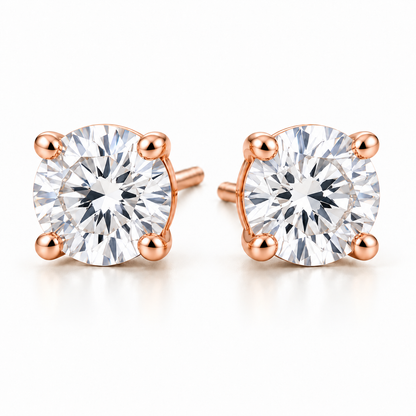 T13 round four-prong lab-grown diamond stud earrings in rose gold, matching pair on white background; design visualization
