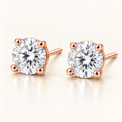 Round Solitaire Lab-Grown Diamond Stud Earrings 2.00 CTW in rose gold, oblique front; design visualization