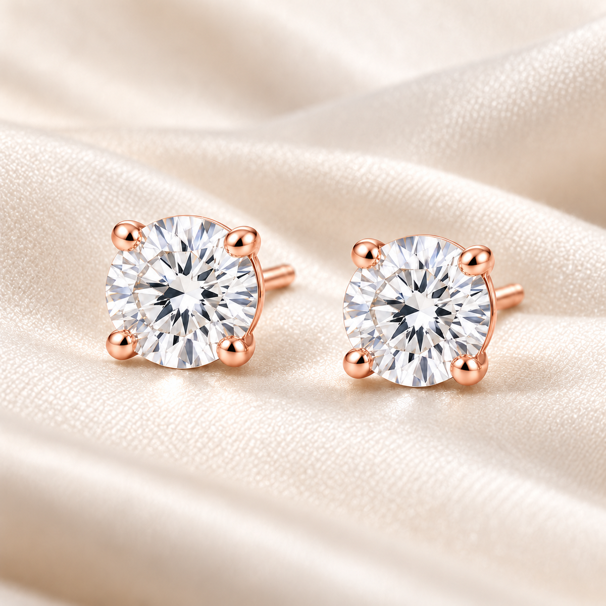 T13 round four-prong lab-grown diamond stud earrings in rose gold, matching pair on ivory fabric; design visualization