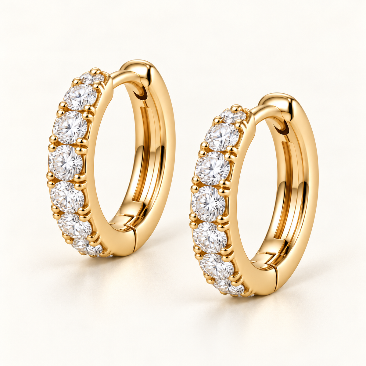 Round Lab-Grown Diamond Huggie Earrings 0.50 CTW in yellow gold, three quarter; design visualization