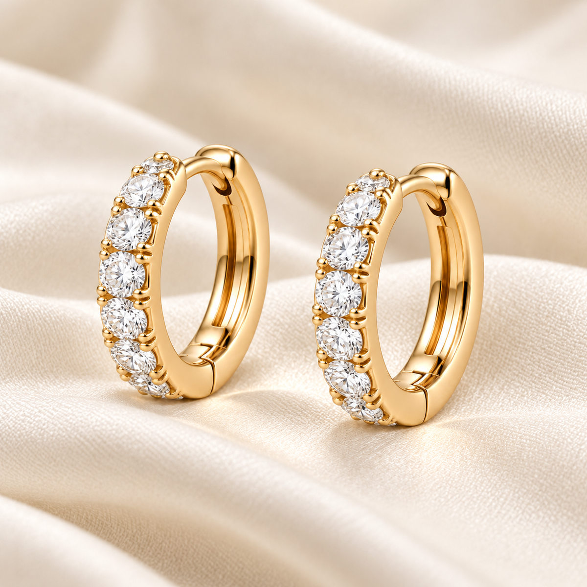 Round Lab-Grown Diamond Huggie Earrings 0.50 CTW in yellow gold, ivory styling; design visualization
