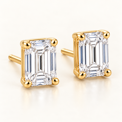 Emerald-Cut Lab-Grown Diamond Stud Earrings 2.00 CTW in yellow gold, three quarter; design visualization