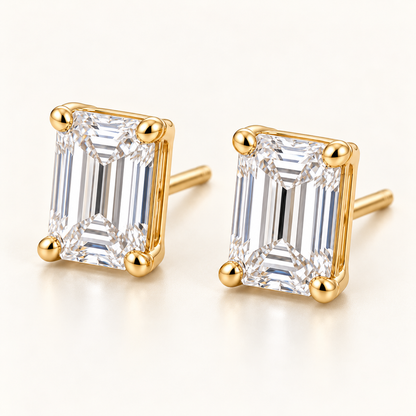 Emerald-Cut Lab-Grown Diamond Stud Earrings 2.00 CTW in yellow gold, oblique front; design visualization