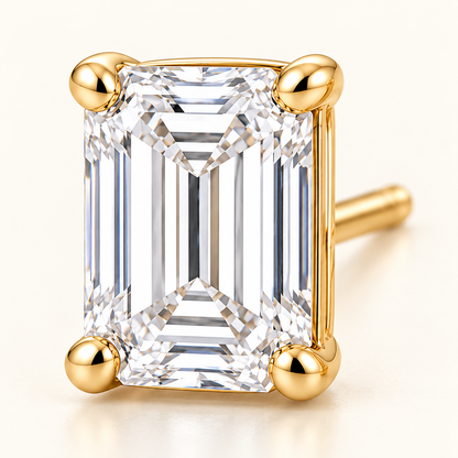 Emerald-Cut Lab-Grown Diamond Stud Earrings 2.00 CTW in yellow gold, macro detail; design visualization