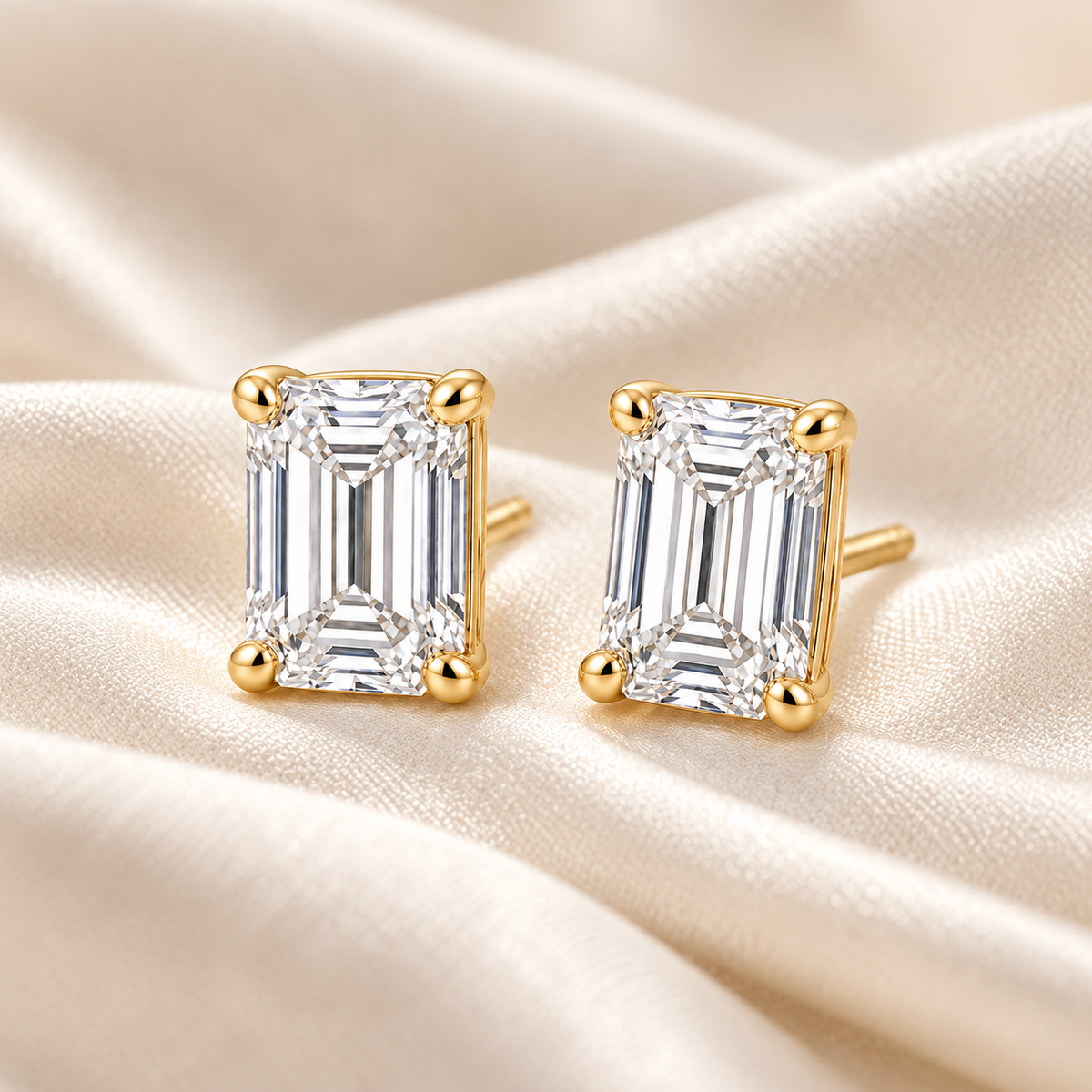 Emerald-Cut Lab-Grown Diamond Stud Earrings 2.00 CTW in yellow gold, ivory styling; design visualization