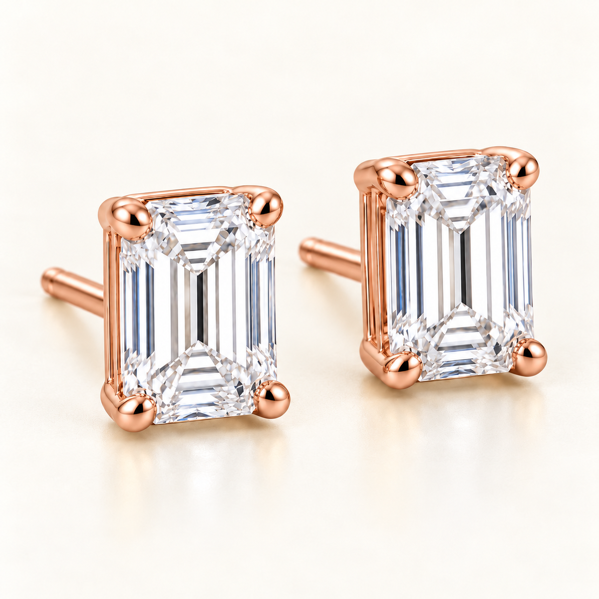 Emerald-Cut Lab-Grown Diamond Stud Earrings 2.00 CTW in rose gold, three quarter; design visualization