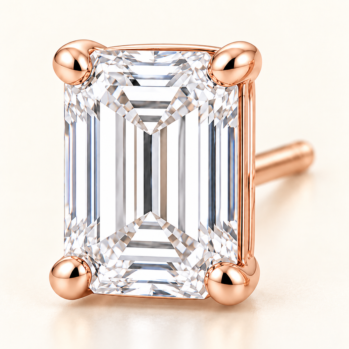 Emerald-Cut Lab-Grown Diamond Stud Earrings 2.00 CTW in rose gold, macro detail; design visualization