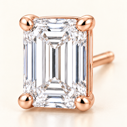 Emerald-Cut Lab-Grown Diamond Stud Earrings 2.00 CTW in rose gold, macro detail; design visualization