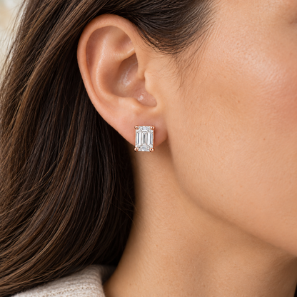 Emerald-Cut Lab-Grown Diamond Stud Earrings 2.00 CTW in rose gold, worn; design visualization