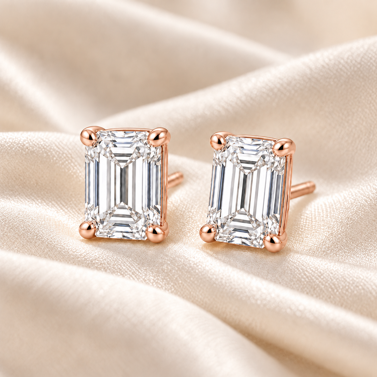 Emerald-Cut Lab-Grown Diamond Stud Earrings 2.00 CTW in rose gold, ivory styling; design visualization