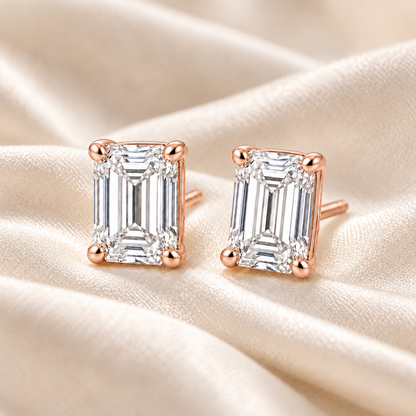 Emerald-Cut Lab-Grown Diamond Stud Earrings 2.00 CTW in rose gold, ivory styling; design visualization