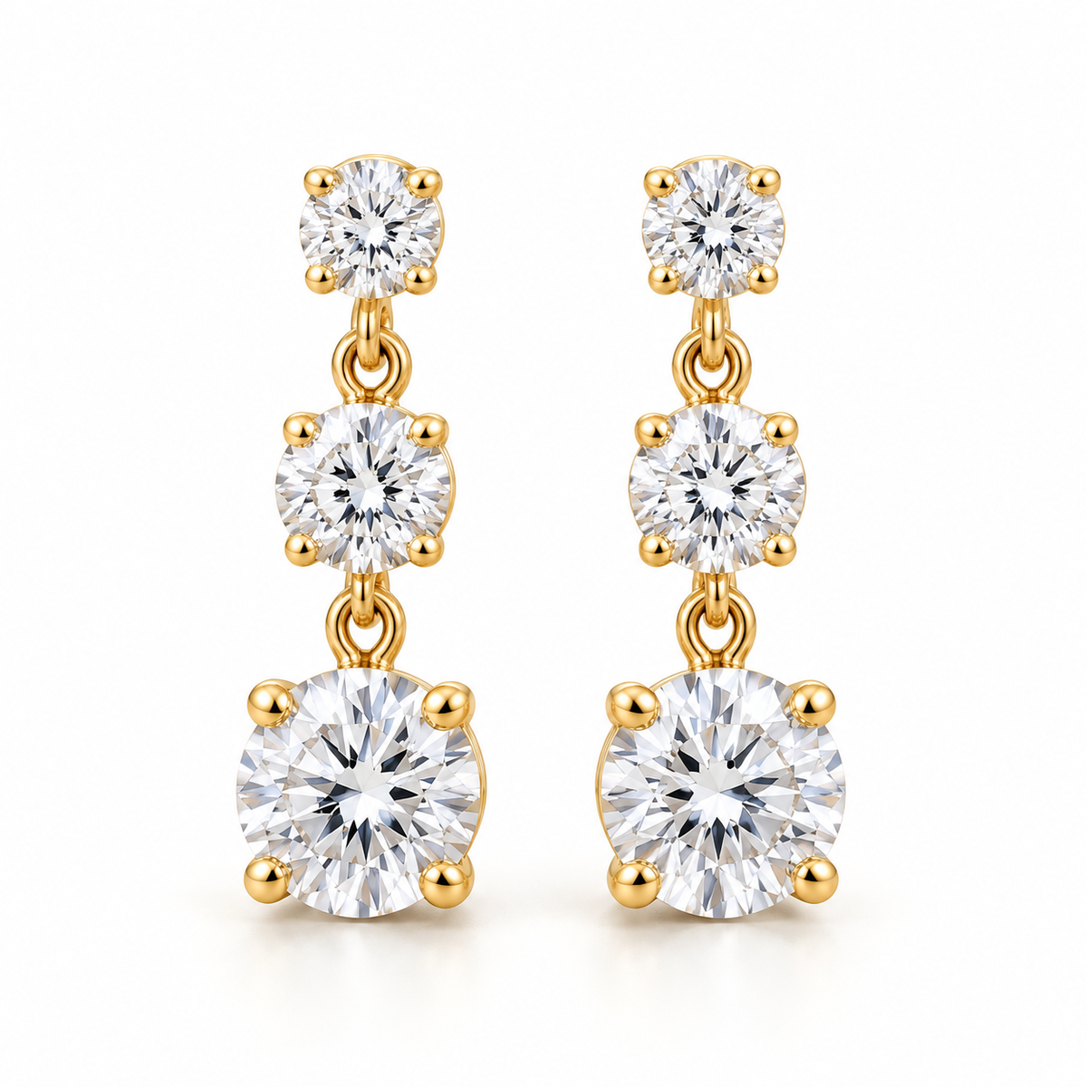 Graduated Three-Stone Lab-Grown Diamond Drop Earrings 3.00 CTW in yellow gold, hero; design visualization